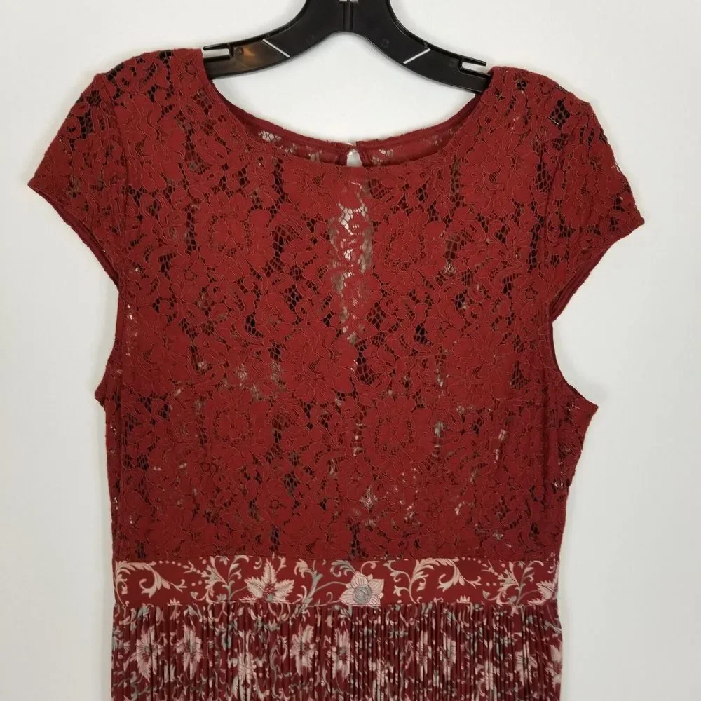 Anthropologie Tracy Reese Women Lace Pleated Midi Dress Size 10 Maroon Cap Sleev